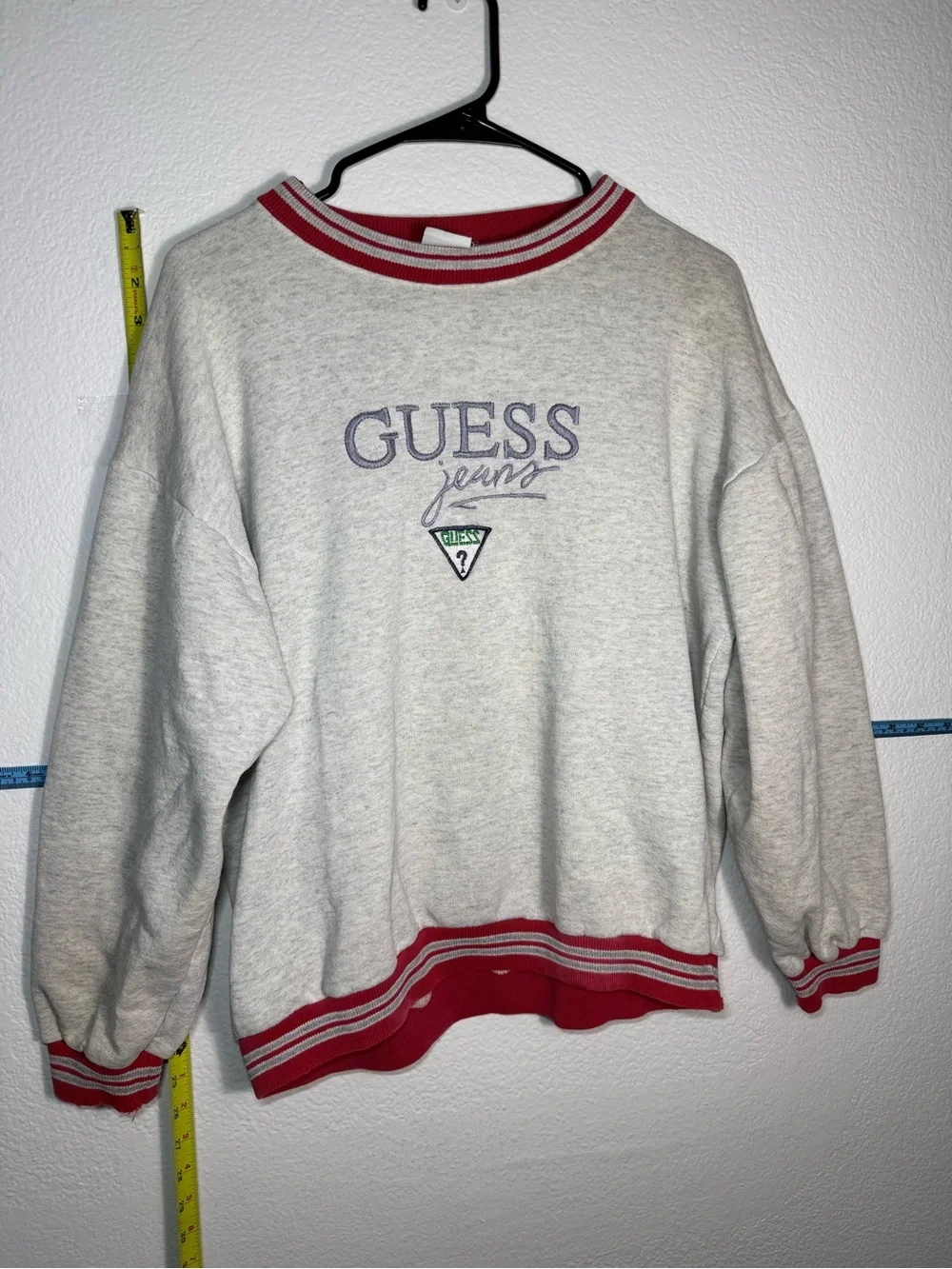 Guess Light Gray Crewneck Sweater with Red Trim